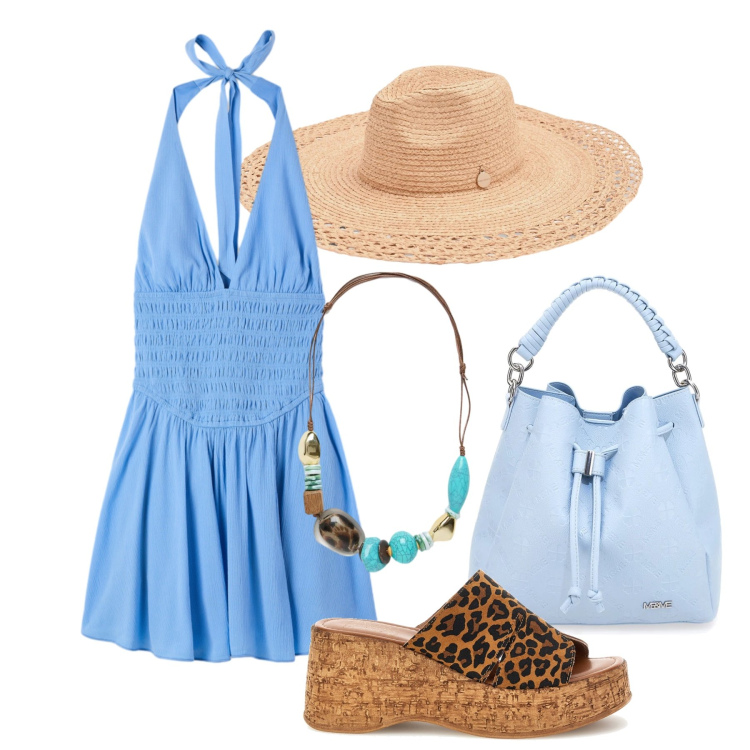 Outfit donna - Agosto. Stile Bon Ton per Tutti i giorni. Abbinamento con tuta corta, cappelli, collane, borse a secchiello, zeppe.