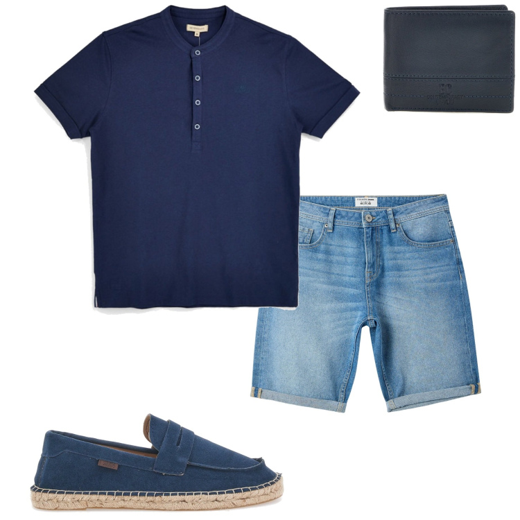 Outfit uomo - T-shirt capo dell\' estate. Stile Casual per Tutti i giorni. Abbinamento con bermuda, espadrillas, t-shirt, portafogli.