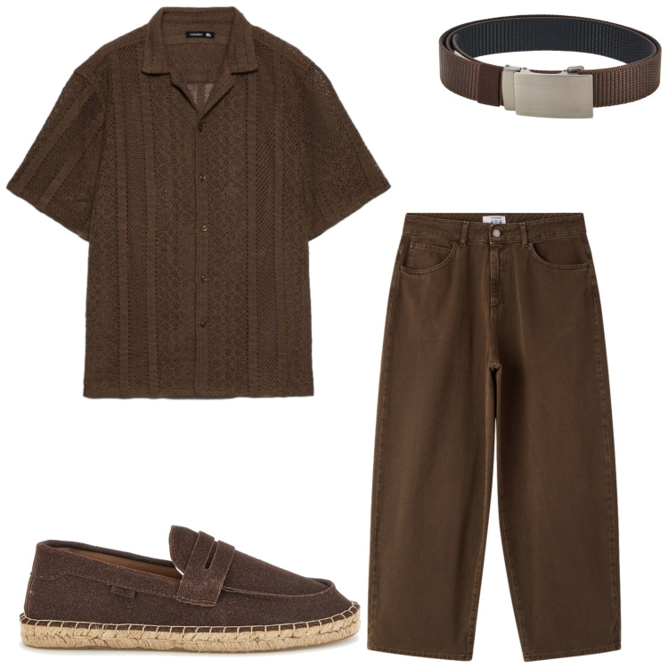 Outfit uomo - Toni della terra. Stile Casual per Tutti i giorni. Abbinamento con pantaloni, camicie a manica corta, espadrillas, cinture.