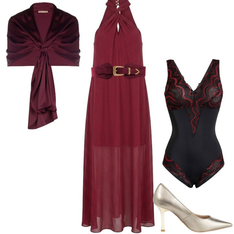 Outfit donna - Serata/evento. Stile Chic per Serata fuori. Abbinamento con body, cinture, décolleté, stole, vestiti lunghi.