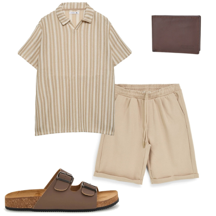 Outfit uomo - Toni della terra. Stile Casual per Tutti i giorni. Abbinamento con polo, portafogli, bermuda, sandali.