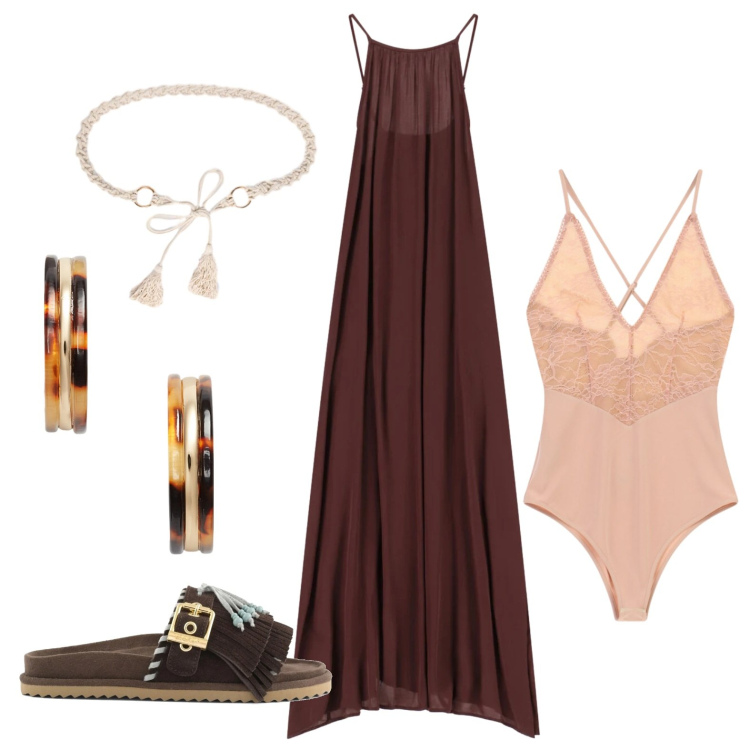 Outfit donna - L\'abito sempre perfetto. Stile Boho per Tutti i giorni. Abbinamento con vestiti lunghi, body, cinture, orecchini, sandali in pelle.