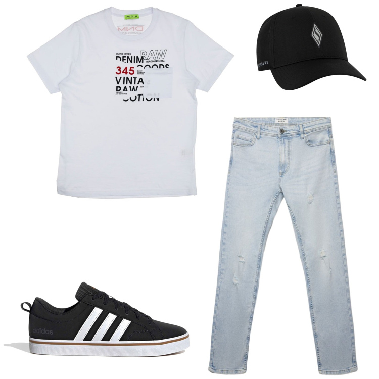 Outfit uomo - Casual style. Stile Casual per Tutti i giorni. Abbinamento con jeans strappati, cappelli con visiera, sneakers, t-shirt.