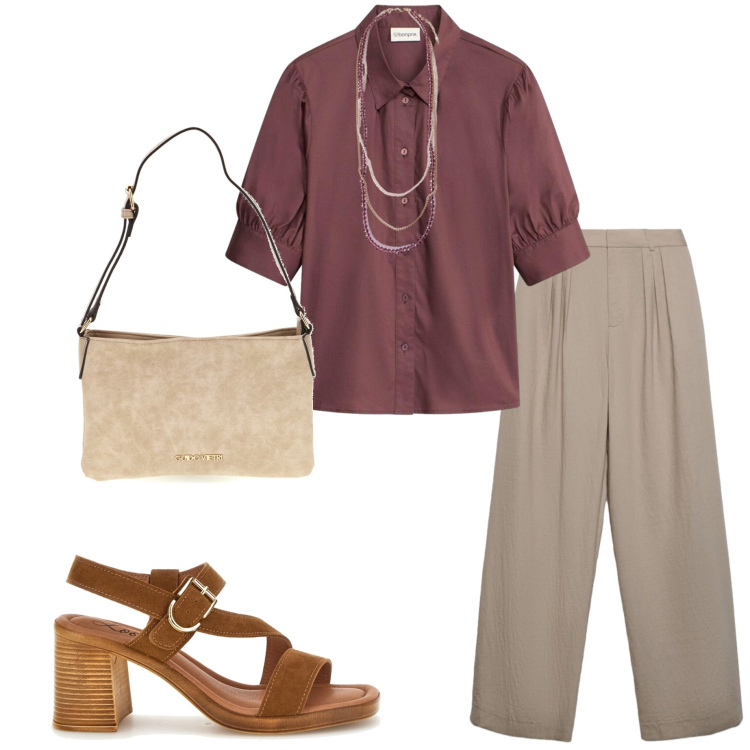 Outfit donna - In ufficio ad agosto. Stile Casual chic per Ufficio. Abbinamento con bluse, pantaloni, collane, sandali col tacco, borse a tracolla.