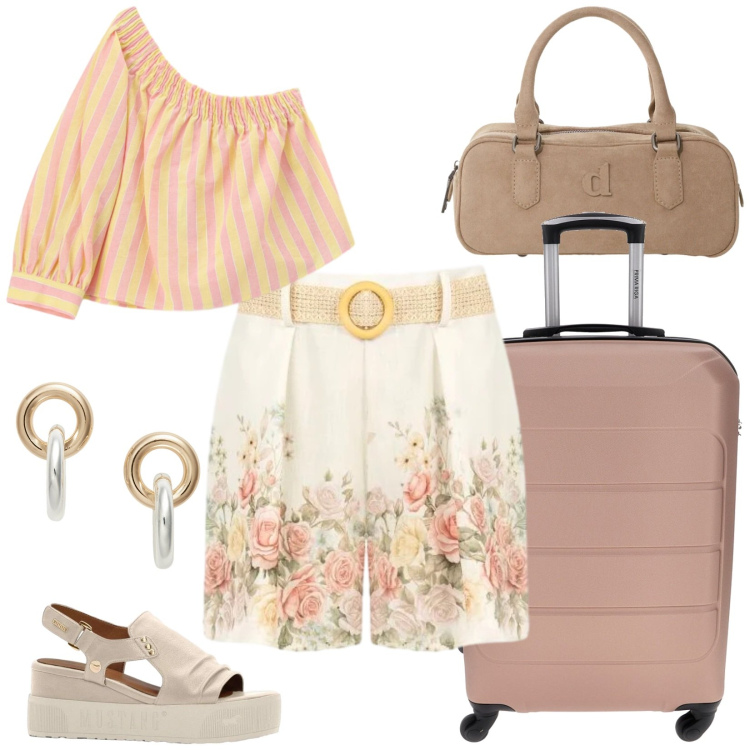 Outfit donna - Il giorno della partenza. Stile Romantica per Tutti i giorni. Abbinamento con sandali, borse a mano, shorts, bluse, orecchini, valigie.