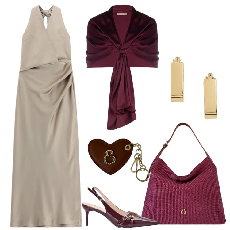 Outfit donna - Apericena sul lungomare. Stile Chic per Serata fuori. Abbinamento con stole, décolleté, vestiti lunghi, orecchini, borse a spalla, portachiavi.