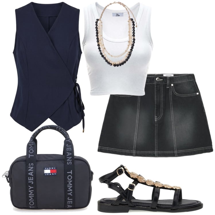 Outfit donna - Casual. Stile Casual per Tutti i giorni. Abbinamento con minigonne, canottiere, gilet, collane, borse a tracolla, sandali.