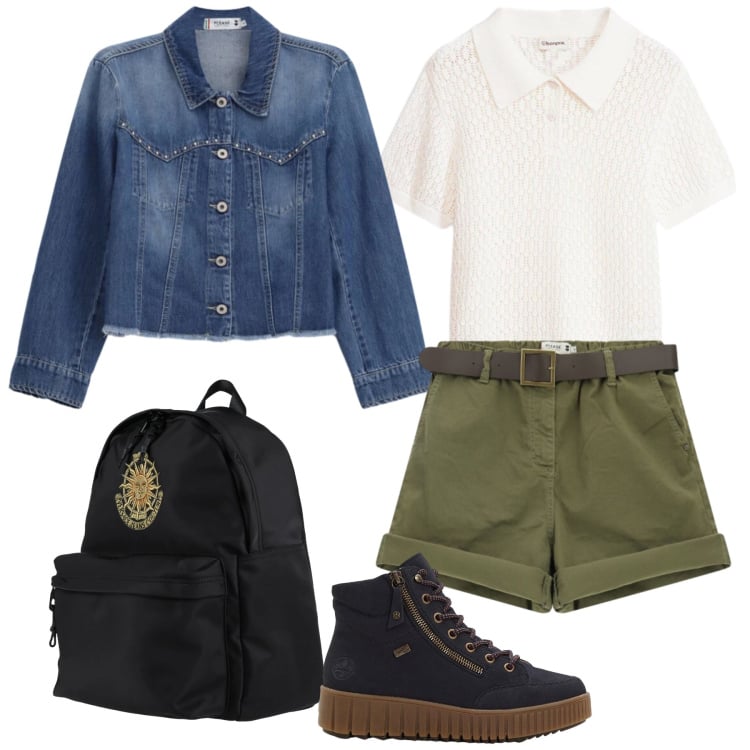Outfit donna - In montagna. Stile Casual per Tutti i giorni. Abbinamento con zaini, sneakers alte, polo, blazer, shorts.