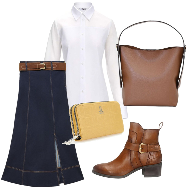 Outfit donna - Urban denim. Stile Urban per Tutti i giorni. Abbinamento con gonne lunghe, camicie, borse a mano, portafogli, stivaletti.