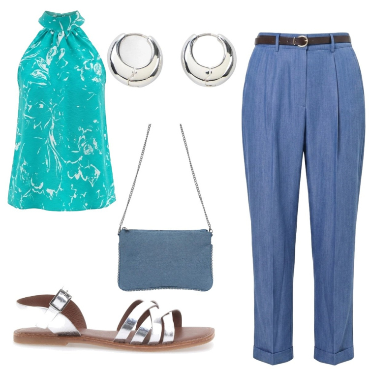 Outfit donna - Curvi. Abbinamento con orecchini, borse a tracolla, top, pantaloni, sandali in pelle.