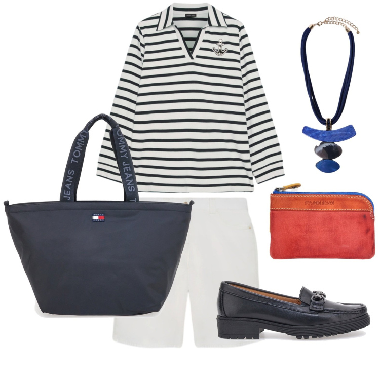 Outfit donna - Righe di agosto. Stile Casual per Tutti i giorni. Abbinamento con bermuda, polo, ciondoli, mocassini, borse tote, portachiavi.