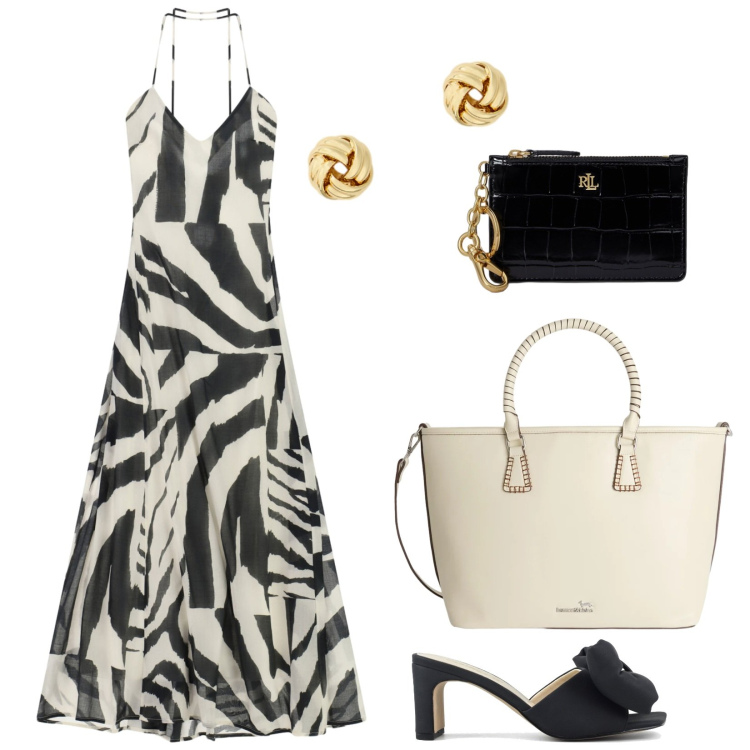 Outfit donna - Dallo shopping al brunch con amici. Stile Chic per Tutti i giorni. Abbinamento con shopping bag, vestiti lunghi, portafogli, orecchini, sandali col tacco.