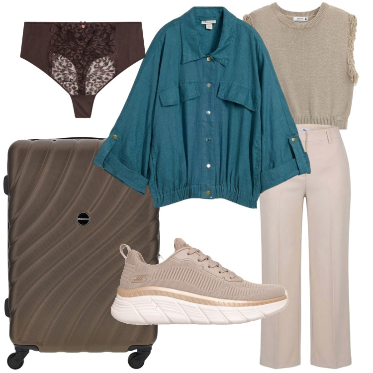 Outfit donna - Weekend style. Stile Trendy per Tutti i giorni. Abbinamento con bomber, perizomi, pantaloni a palazzo, top, sneakers, valigie.