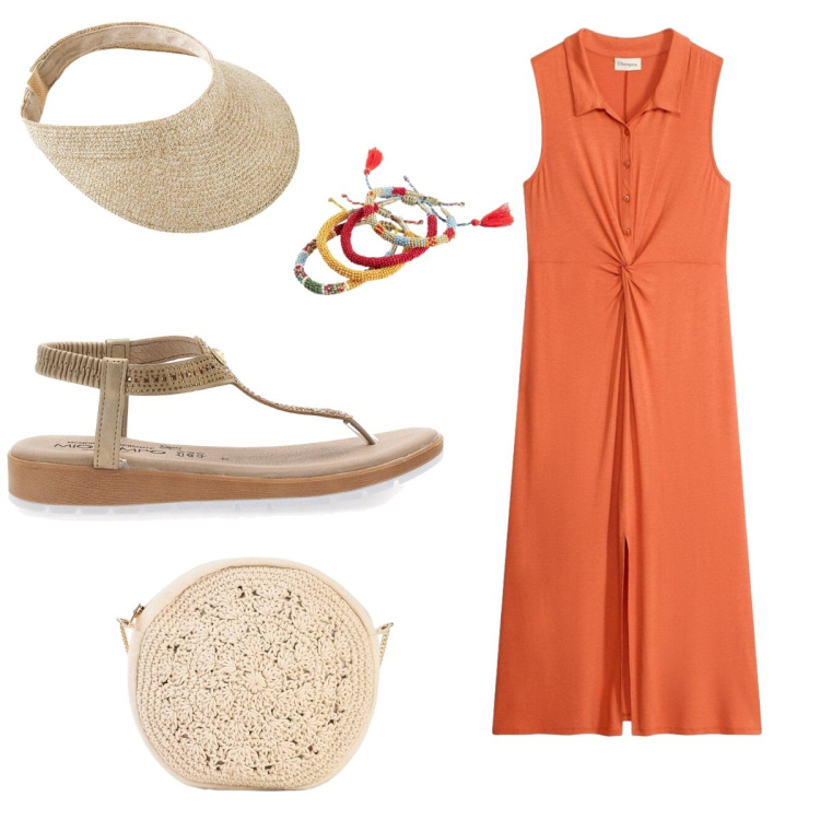 Outfit donna - Aperitivo al mare. Abbinamento con cappelli con visiera, borse a tracolla, braccialetti, vestiti chemisier, infradito.