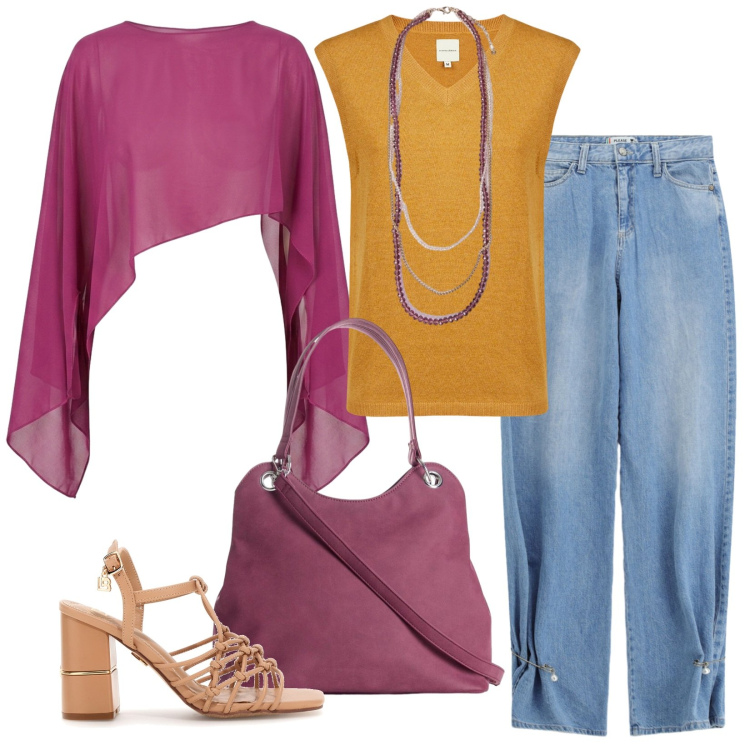 Outfit donna - Summer day & night. Stile Trendy per Tutti i giorni. Abbinamento con borse a mano, jeans, top, collane, maglieria, sandali col tacco.