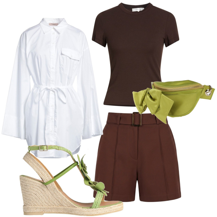 Outfit donna - Classe innata. Stile Glamour per Tutti i giorni. Abbinamento con marsupi, camicie, espadrillas, t-shirt, shorts.