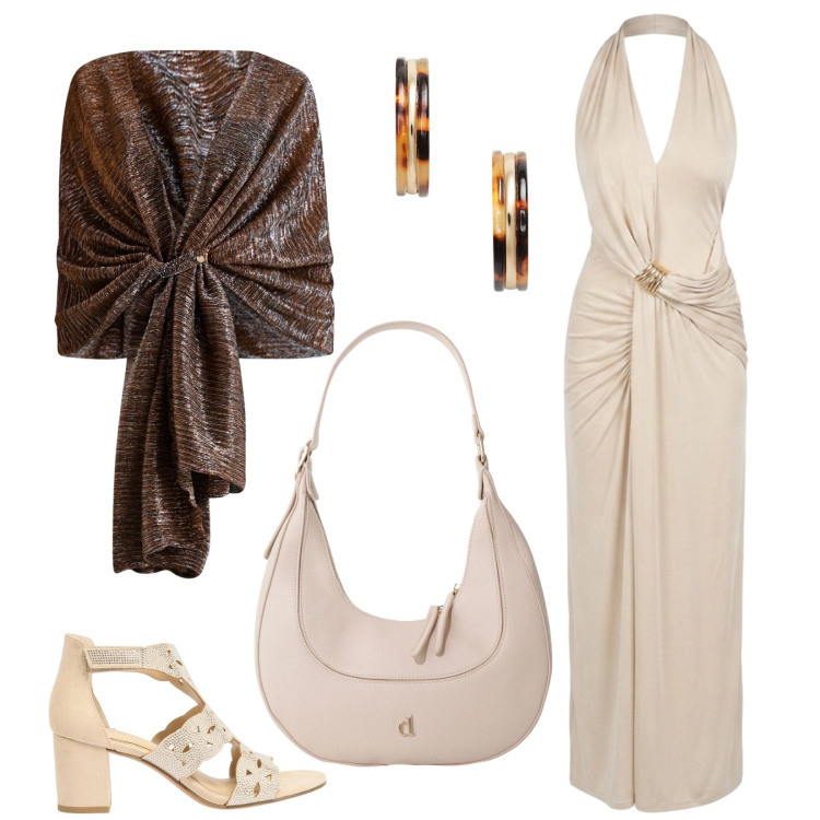 Outfit donna - Il morbido maxi abito beige. Stile Chic per Cerimonia. Abbinamento con sandali col tacco, borse a tracolla, stole, vestiti lunghi, orecchini.