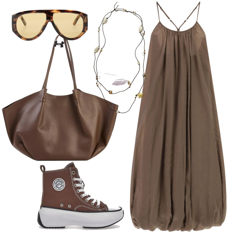 Outfit donna - Abito lungo in mille versioni. Stile Urban per Tutti i giorni. Abbinamento con shopping bag, collane, occhiali da sole, vestiti lunghi, sneakers alte, cappelli con visiera.