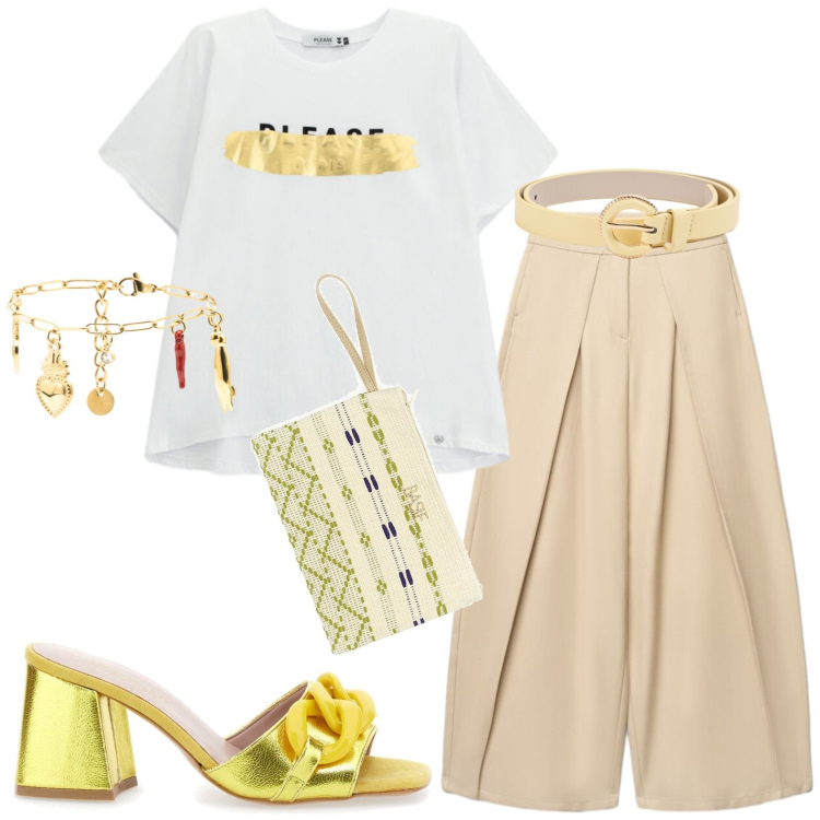 Outfit donna - Summer. Stile Casual per Tutti i giorni. Abbinamento con pantaloni, cinture, t-shirt, braccialetti, pochette, sandali col tacco.