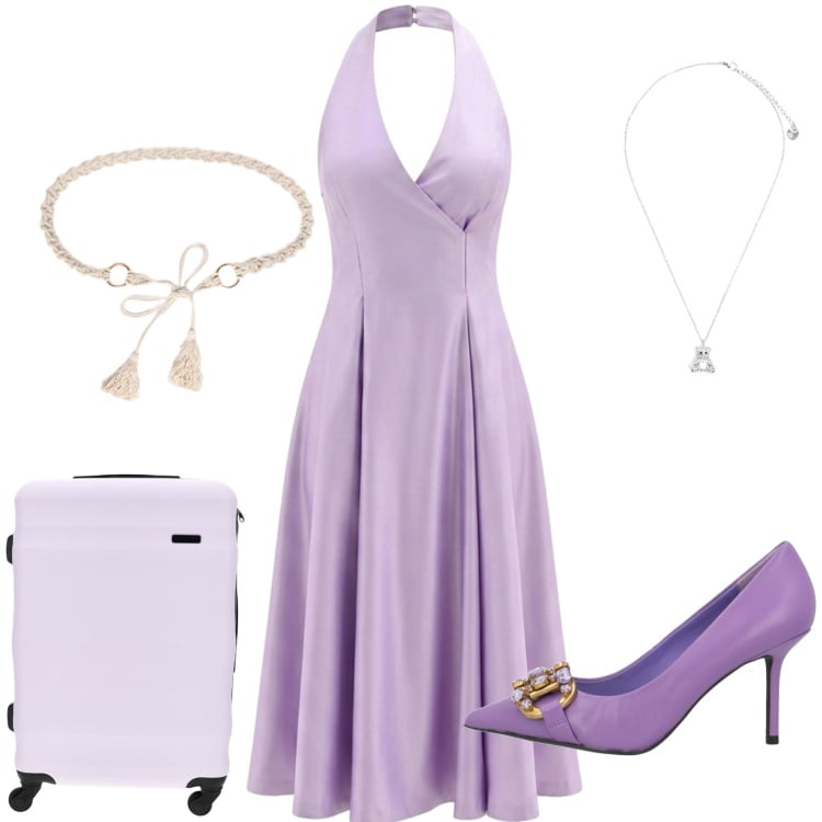 Outfit donna - In vacanza. Stile Casual chic per Tutti i giorni. Abbinamento con décolleté, vestiti midi/longuette, cinture, ciondoli, valigie.