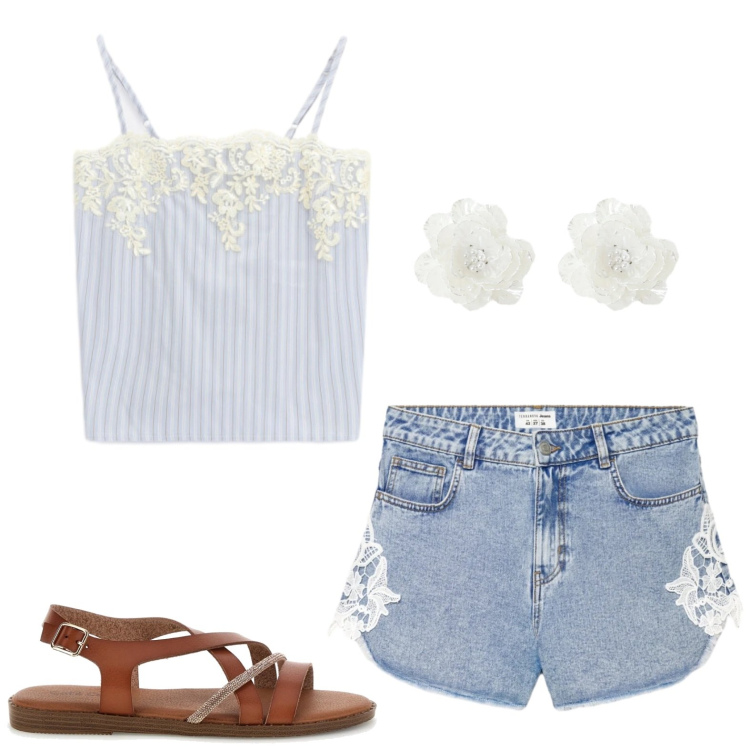 Outfit donna - Vacanza romantica. Stile Romantica per Tutti i giorni. Abbinamento con shorts, top, orecchini, sandali.