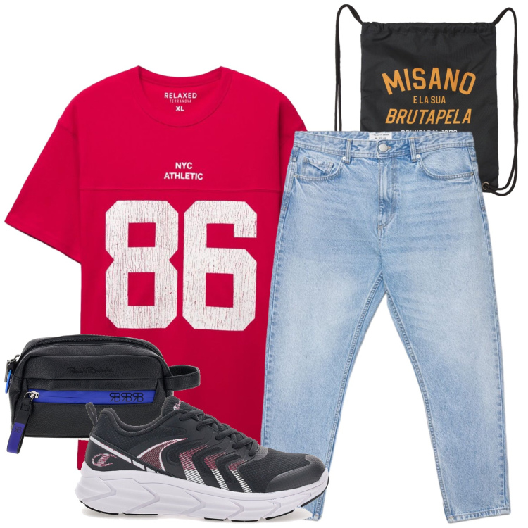 Outfit uomo - Total look #2449240. Stile Casual per Sport. Abbinamento con borse sportive, jeans, t-shirt sportive, scarpe sportive, borse sportive.