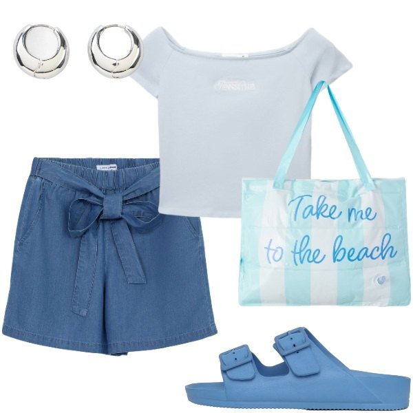 Outfit donna - Estate. Stile Casual per Tutti i giorni. Abbinamento con orecchini, shorts, borse tote, t-shirt, ciabatte.