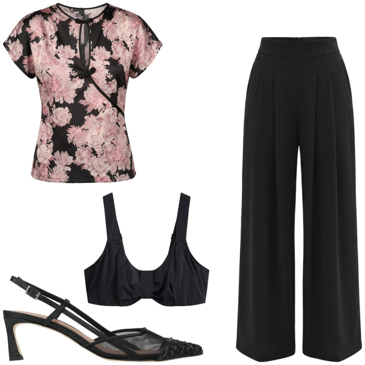 Outfit donna - Vibes orientali per la blusa in seta. Stile Chic per Tutti i giorni. Abbinamento con décolleté, reggiseni, top, pantaloni a palazzo.