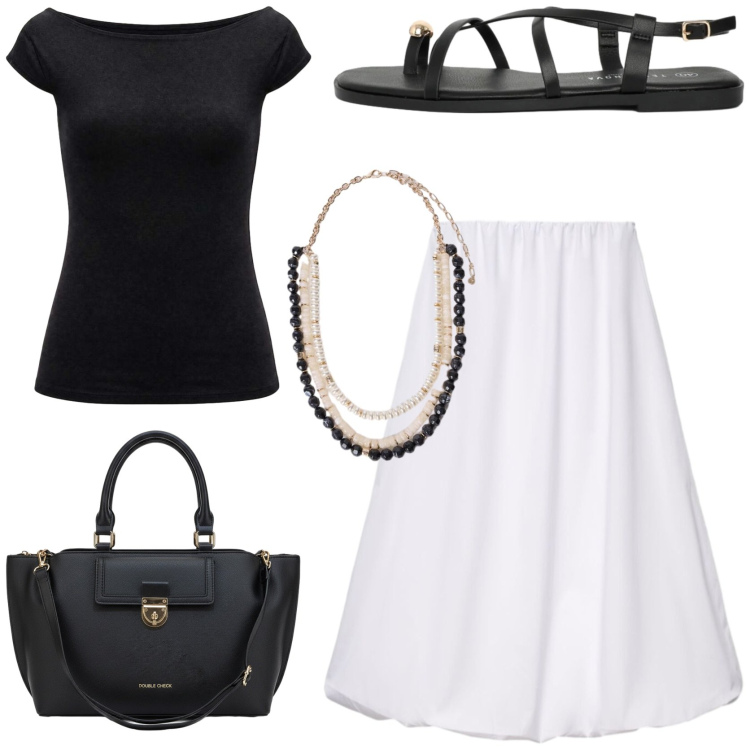 Outfit donna - Minimal chic. Stile Urban per Tutti i giorni. Abbinamento con gonne lunghe, sandali, top, collane, borse a tracolla.