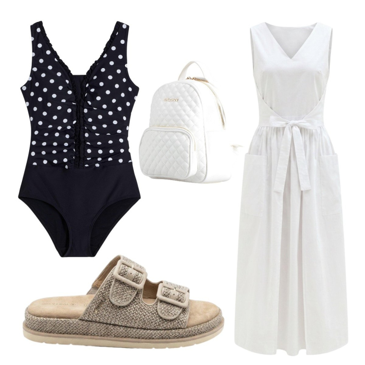 Outfit donna - Ferragosto al mare. Stile Vintage retrò per Mare. Abbinamento con zaini, costumi interi, ciabatte, vestiti lunghi.