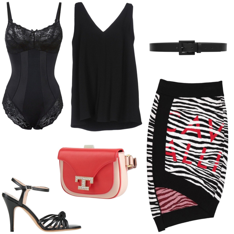 Outfit donna - Total look #2449263. Stile Sexy per Serata fuori. Abbinamento con marsupi, sandali in pelle, minigonne, top, body, cinture.