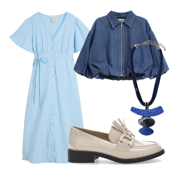 Outfit donna - Abito midi per la laurea. Stile Preppy per Cerimonia. Abbinamento con vestiti midi/longuette, blazer, ciondoli, mocassini.