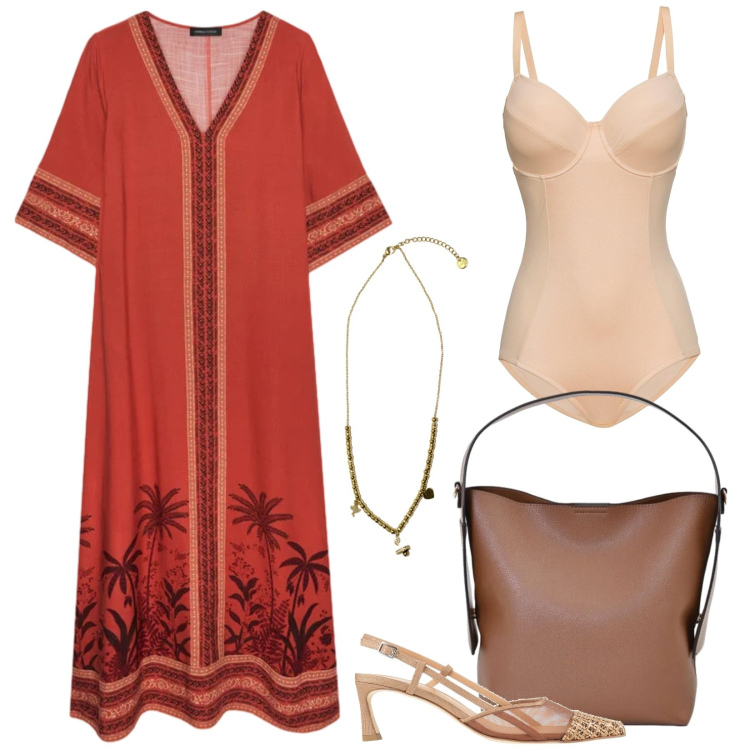 Outfit donna - Un pomeriggio con amiche. Stile Boho per Tutti i giorni. Abbinamento con décolleté, body, borse a mano, caftani, ciondoli.