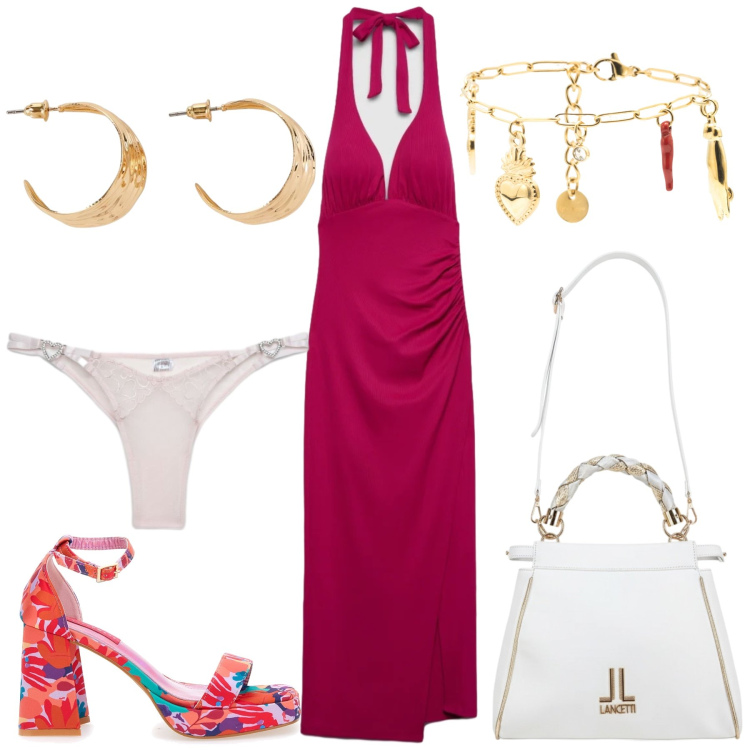 Outfit donna - Total look #2449266. Stile Sexy per Serata fuori. Abbinamento con orecchini, vestiti midi/longuette, perizomi, braccialetti, sandali col tacco, borse a tracolla.