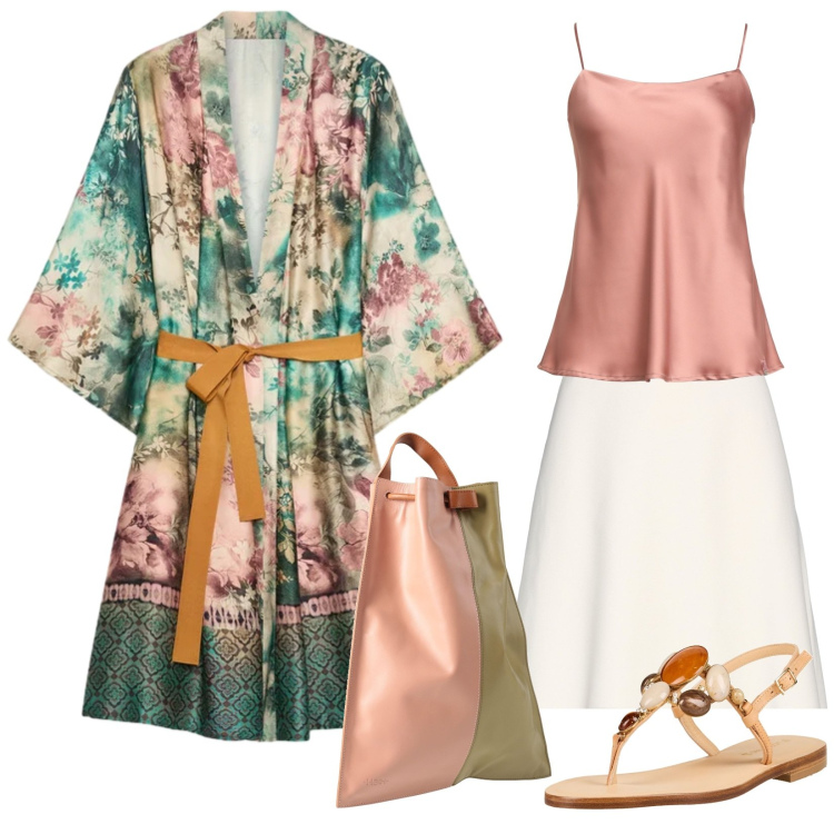 Outfit donna - Il caftano ed i sandali gioiello. Stile Boho per Serata fuori. Abbinamento con top, minigonne, zaini, infradito, kimono.