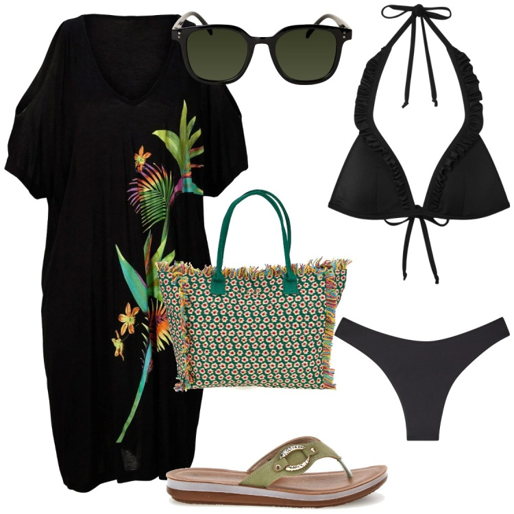 Outfit donna - Ferragosto al mare. Stile Chic per Mare. Abbinamento con vestiti da spiaggia, bikini, bikini, occhiali da sole, infradito, shopping bag.