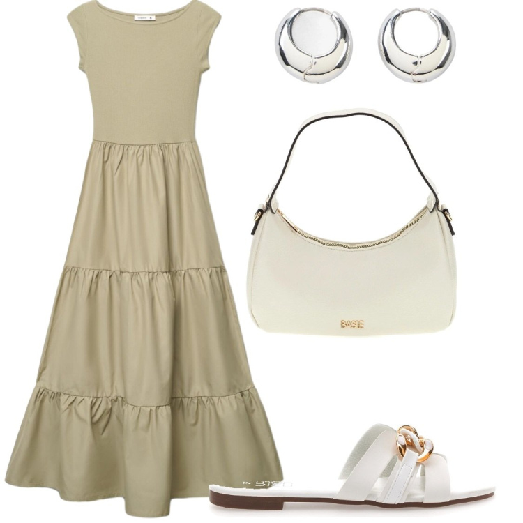 Outfit donna - Serate di legerezza. Stile Chic per Serata fuori. Abbinamento con orecchini, vestiti lunghi, ciabatte, borse a tracolla.