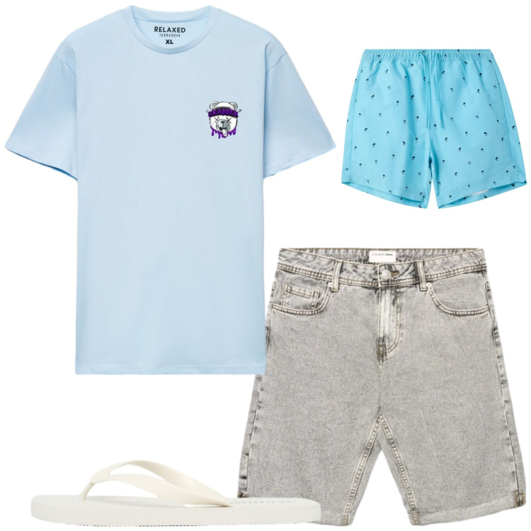 Outfit uomo - Total look #2449277. Stile Casual per Mare. Abbinamento con costumi, t-shirt, shorts, sandali.