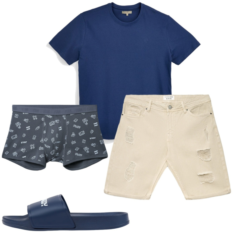 Outfit uomo - Total look #2449278. Stile Casual per Tutti i giorni. Abbinamento con bermuda, boxer, sandali, t-shirt.