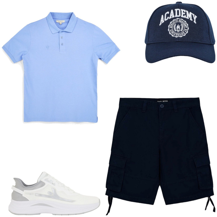 Outfit uomo - Total look #2449279. Stile Casual per Tutti i giorni. Abbinamento con cappelli con visiera, bermuda, sneakers, polo.