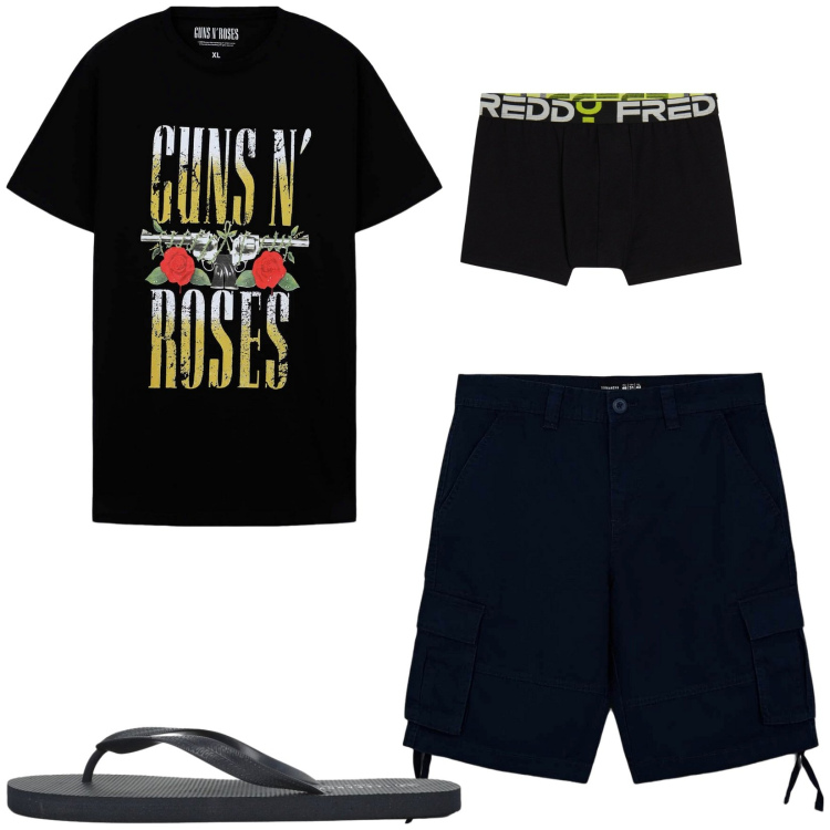 Outfit uomo - Total look #2449280. Stile Trendy per Mare. Abbinamento con t-shirt, bermuda, sandali, boxer.