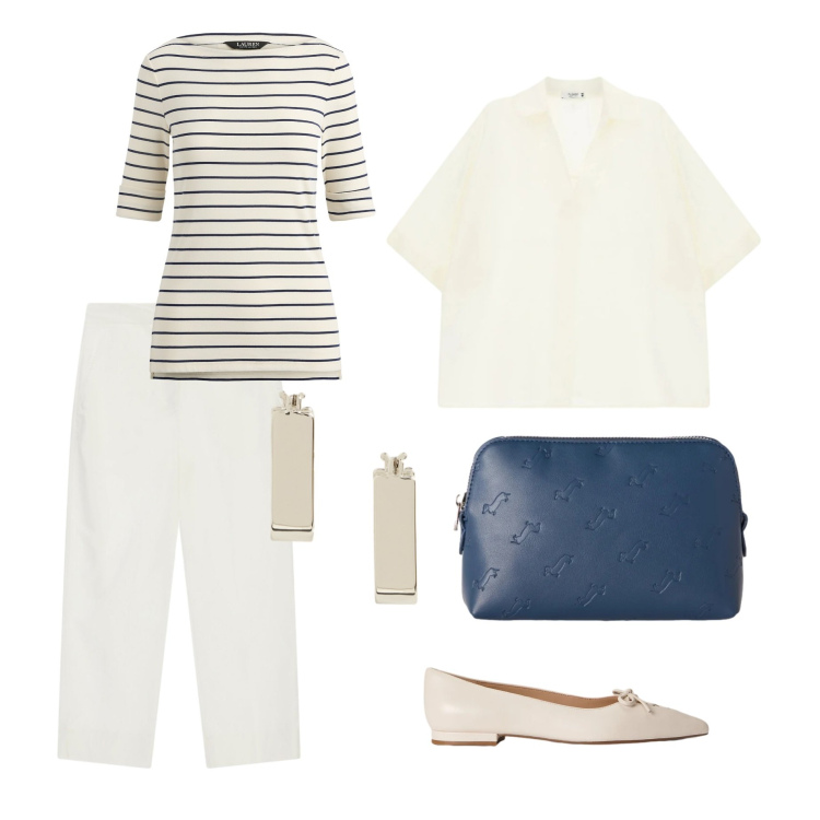 Outfit donna - Stile marina in riviera. Stile Vintage retrò per Mare. Abbinamento con pochette, camicie a manica corta, pantaloni capri, ballerine, orecchini, t-shirt.