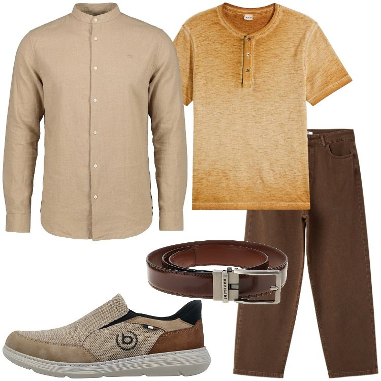 Outfit uomo - Toni della terra. Stile Trendy per Serata speciale. Abbinamento con t-shirt, pantaloni, cinture, scarpe stringate, camicie.