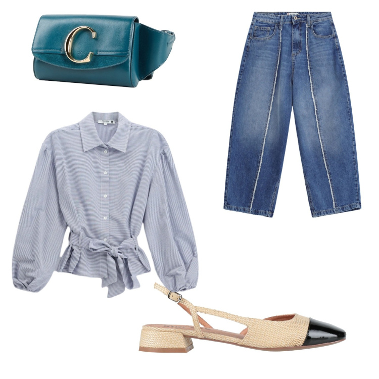 Outfit donna - Ritorno in città. Stile Casual chic per Tutti i giorni. Abbinamento con marsupi, ballerine, camicie, jeans.
