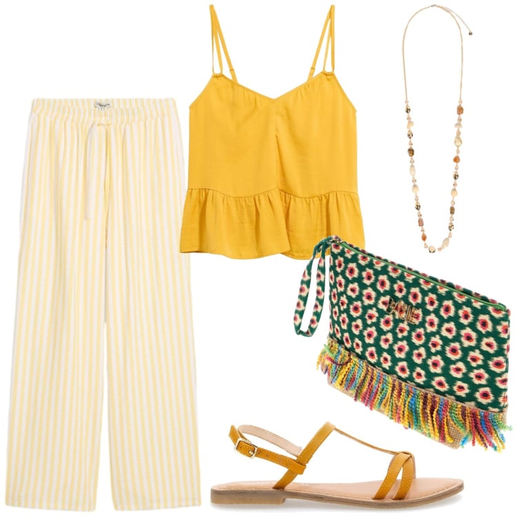 Outfit donna - Giro a Capri. Stile Casual per Mare. Abbinamento con pantaloni, top, collane, sandali in pelle, pochette.