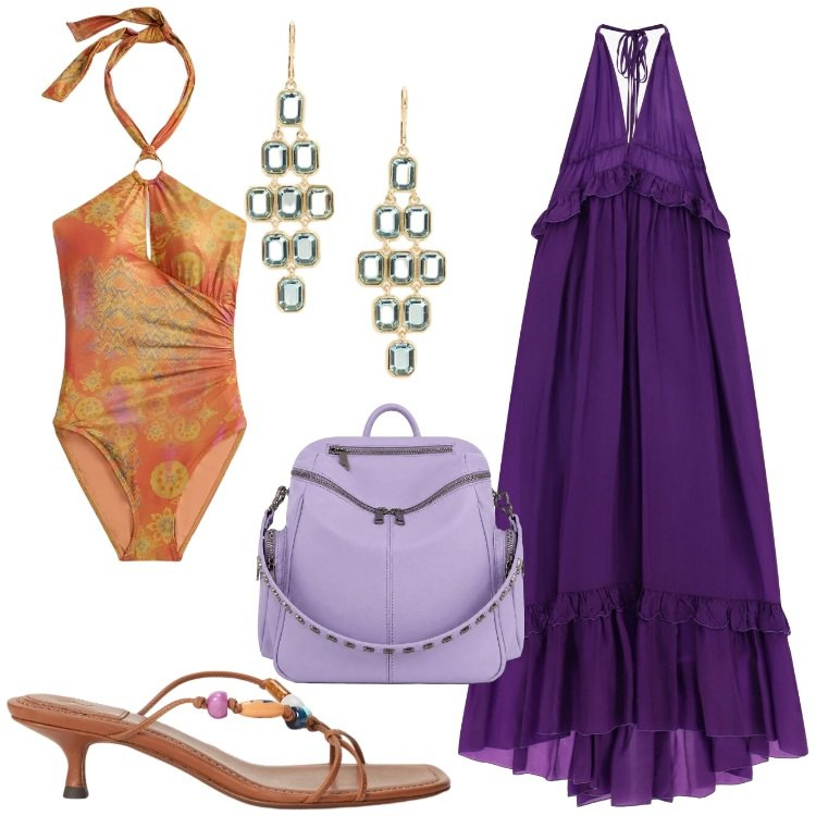 Outfit donna - Il maxi-dress per agosto. Stile Etnico per Mare. Abbinamento con vestiti lunghi, sandali gioiello, orecchini, costumi interi, zaini.