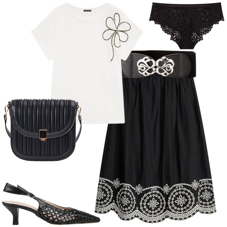 Outfit donna - Total look #2449289. Stile Minimal per Serata fuori. Abbinamento con décolleté, cinture, culotte, gonne longuette, borse a tracolla, t-shirt.