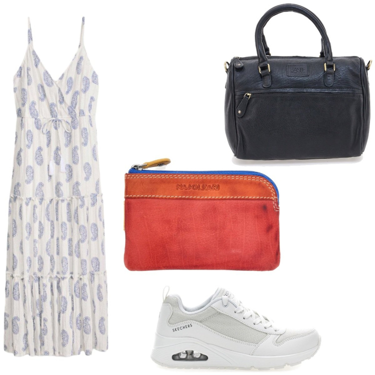 Outfit donna - Cena vista mare. Stile Boho per Serata fuori. Abbinamento con vestiti lunghi, borse a tracolla, sneakers, portachiavi.