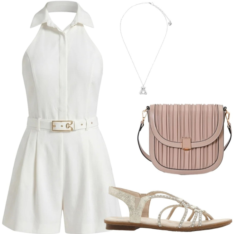 Outfit donna - Tuta pantaloncino. Stile Chic per Serata fuori. Abbinamento con sandali, tuta corta, borse a tracolla, ciondoli.