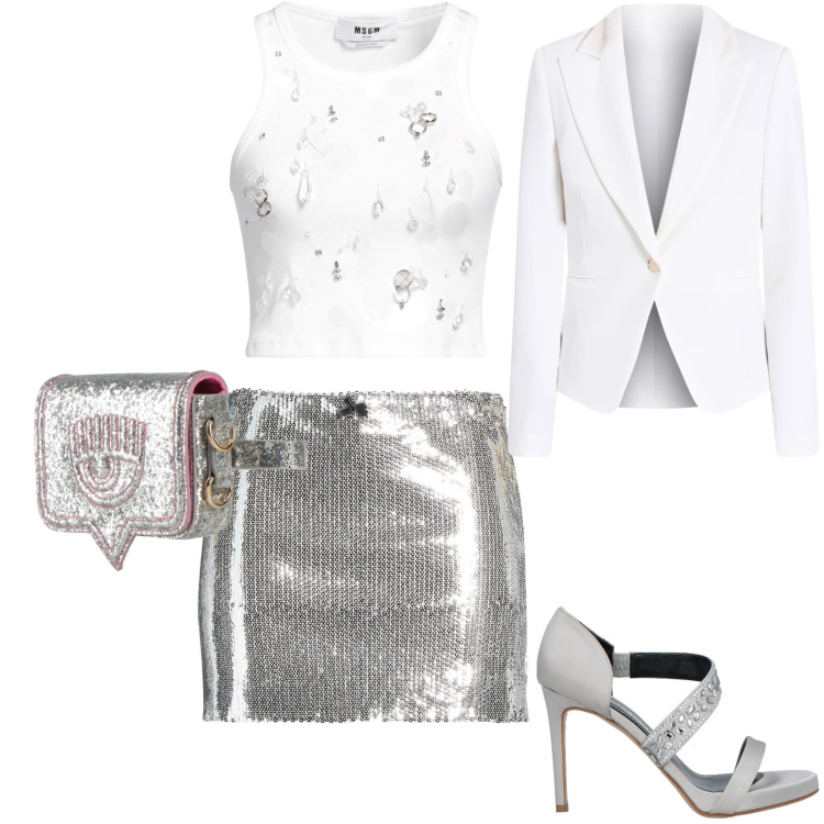 Outfit donna - Glamour serata speciale. Stile Sexy per Serata fuori. Abbinamento con minigonne, marsupi, top, sandali in pelle, blazer.